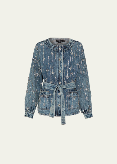 Patbo Hand-beaded Faux Pearl And Rhinestone Denim Jacket In Blue
