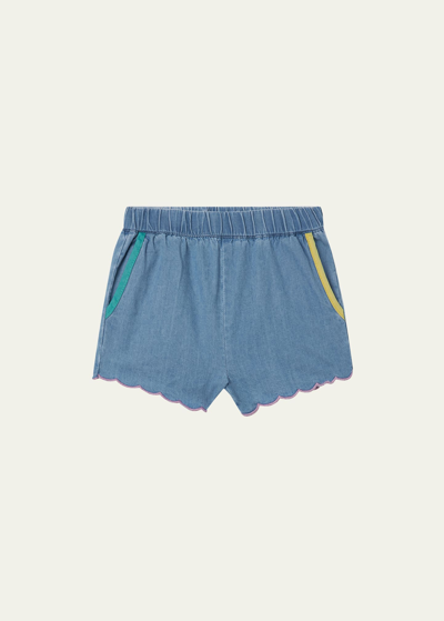 Stella Mccartney Kids' Scalloped Edge Chambray Shorts In Blue