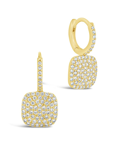 Sterling Forever 14k Plated Cz Tag Micro Hoops In Gold