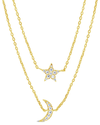 Sterling Forever 14k Plated Cz Layered Crescent & Star Necklace In Gold