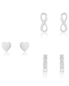 Sterling Forever Silver Cz Set Of 3 Heart & Infinity Earrings