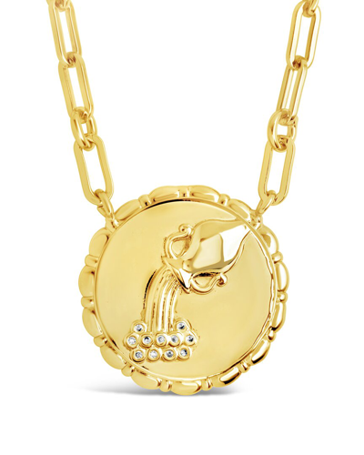 Sterling Forever 14k Plated Cz Bold Link Aquarius Zodiac Necklace In Gold