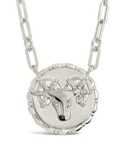 Sterling Forever Rhodium Plated Cz Bold Link Aries Zodiac Necklace In Metallic