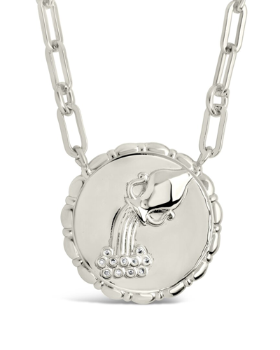 Sterling Forever Rhodium Plated Cz Bold Link Aquarius Zodiac Necklace In Metallic