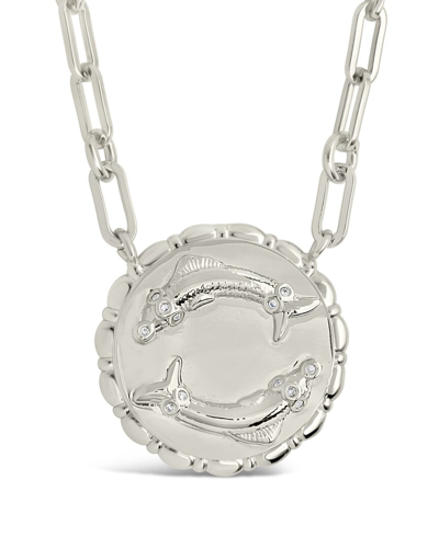 Sterling Forever Rhodium Plated Cz Bold Link Pisces Zodiac Necklace In Metallic