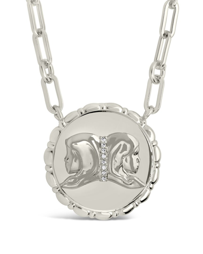 Sterling Forever Rhodium Plated Cz Bold Link Gemini Zodiac Necklace In Metallic