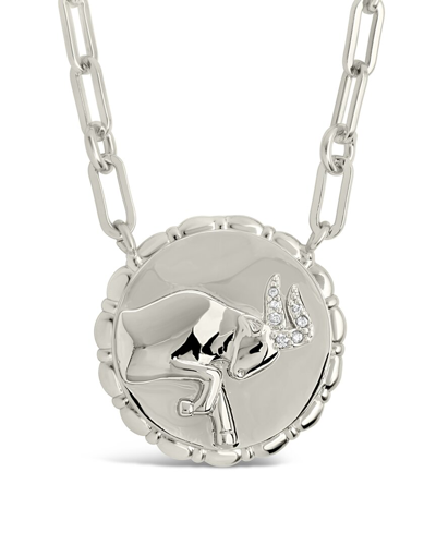 Sterling Forever Rhodium Plated Cz Bold Link Taurus Zodiac Necklace In Metallic