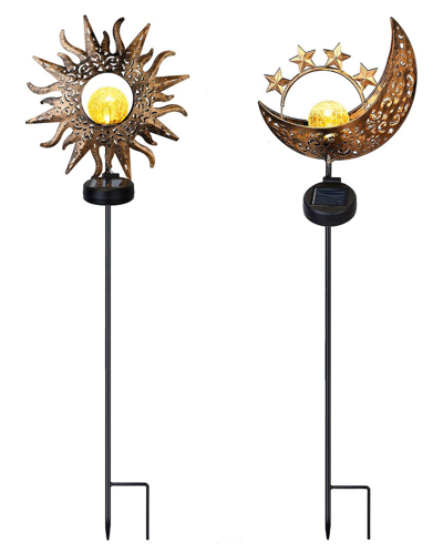 Fresh Fab Finds Solarek Set Of 2 Solar Powered Sun Decorative Stake Lamps In Gold