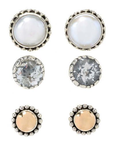 SAMUEL B. SAMUEL B. 18K & SILVER 1.20 CT. TW. WHITE TOPAZ 7MM PEARL SET OF 3 EARRINGS