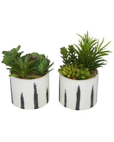 The Novogratz Set Of 2 Succulents Green Faux Foliage Artificial Plant With Patterned Porcelain Pot