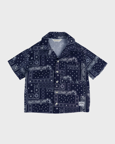 Palm Angels Kids' Boy's Astro Paisley Bowling Shirt In Blue