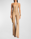 Retroféte Cynthia Coated Denim Flared Halter Jumpsuit In Coated Tannin