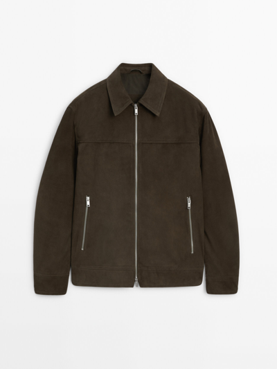 Massimo Dutti Suede Leather Trucker Jacket In Khaki