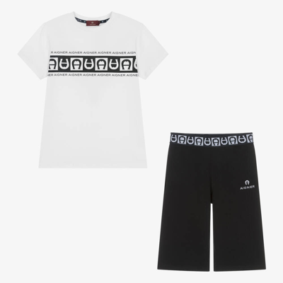 Aigner Teen Boys White & Black Cotton Shorts Set