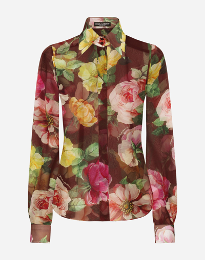 Dolce & Gabbana Camicia In Chiffon Stampa Camelia In Multicolor