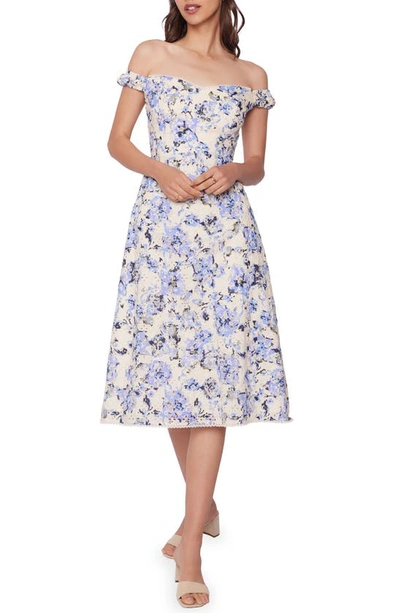 Lost + Wander Light Of Iris Floral Print Off The Shoulder Dress In Blue-floral