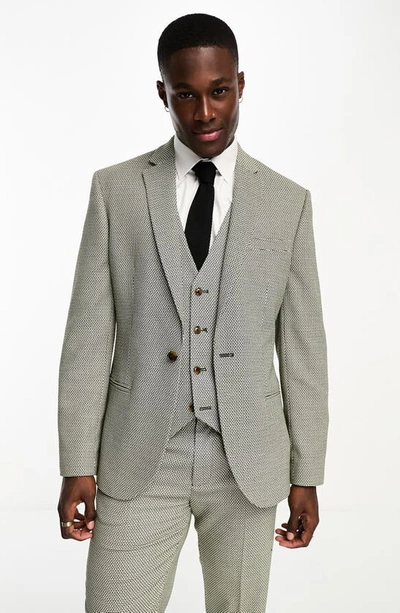 Asos Design Slim Suit Jacket In Olive In Birdseye Texture-green