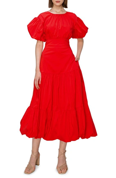 Melloday Puff Sleeve Lace-up Back Bubble Hem Tiered Midi Dress In Red