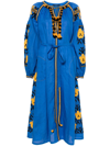 VITA KIN BLUE TULIP FLORAL-EMBROIDERED LINEN DRESS