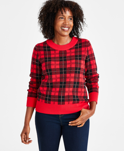 Style & Co Women's Plaid Long-sleeve Sweater With Shine, Regular & Petite, Created For Macy's In Tango Red Plaid