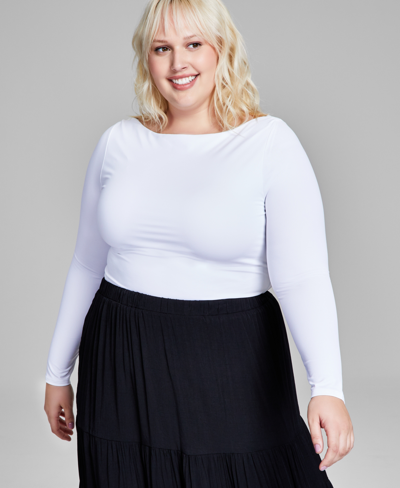 And Now This Trendy Plus Size Boat-neck Long-sleeve Top In White