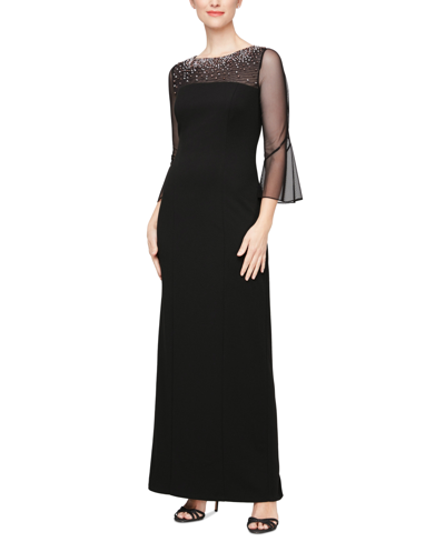 Alex Evenings Women's Beaded Illusion-yoke Bell-sleeve Gown In Black