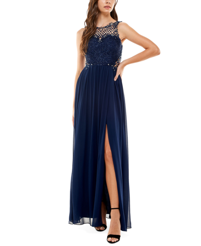 City Studios Juniors' Embellished Illusion Tulip Gown, Created For Macy's In Bright Navy