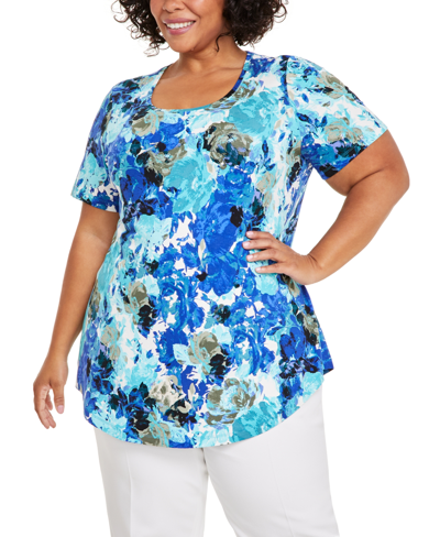 Jm Collection Plus Size Claudette Rose Scoop-neck Top, Created For Macy's In Modern Blue Combo