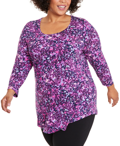 Jm Collection Plus Size Sea Of Petals Scoop-neck Top, Created For Macy's In Bitter Purple Combo