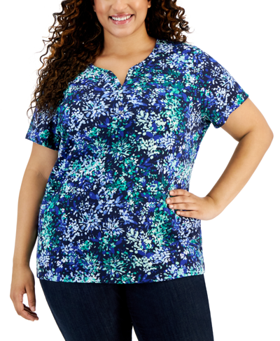 Karen Scott Plus Size Short-sleeve Henley Top, Created For Macy's In Ultra,aqua