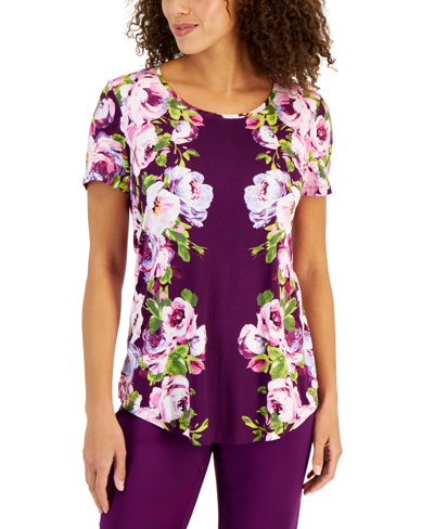 Jm Collection Women's Printed Short-sleeve Top, Created For Macy's In Bitter Purple Combo