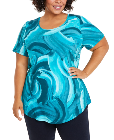 Jm Collection Plus Size Eva Expression Scoop-neck Top, Created For Macy's In Seascape Combo