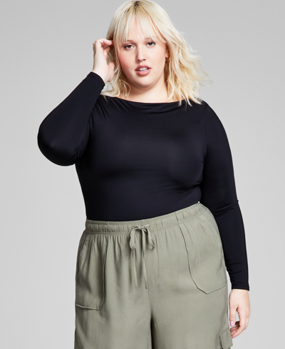 And Now This Trendy Plus Size Boat-neck Long-sleeve Top In Black