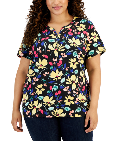 Karen Scott Plus Size Floral Henley Short-sleeve Top, Created For Macy's In Deep Black