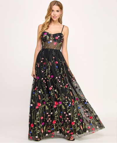 City Studios Juniors' Floral-embroidery Illusion-corset Gown, Created For Macy's In Black,jewel