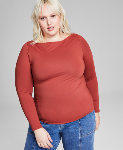 And Now This Trendy Plus Size Boat-neck Long-sleeve Top In Fireside