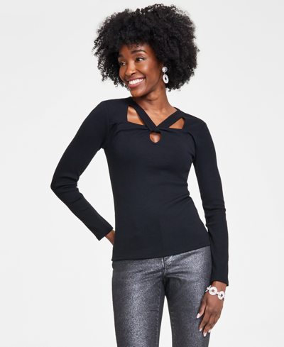 Inc International Concepts Women's Cutout Ribbed Top, Created For Macy's In Deep Black