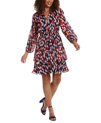 London Times Petite Chiffon V-neck Long-sleeve Fit & Flare Dress In Navy,coral