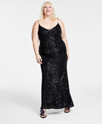 B Darlin Trendy Plus Size Sequined V-neck Sleeveless Gown In Black,black