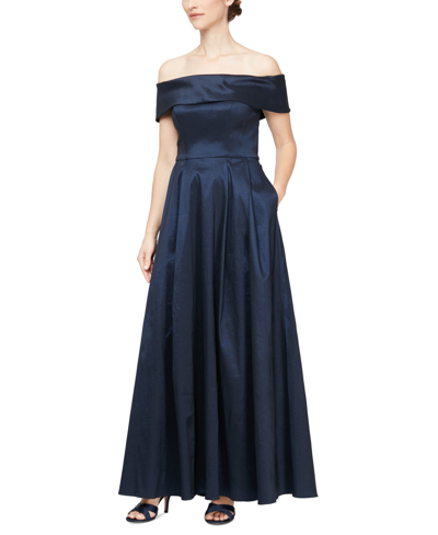 Alex Evenings Women's Off-the-shoulder Pleated Gown In Navy