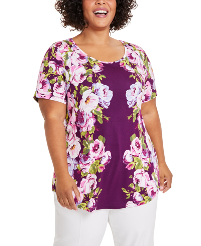 Jm Collection Plus Size Garden Dream Scoop-neck Top, Created For Macy's In Bitter Purple Combo