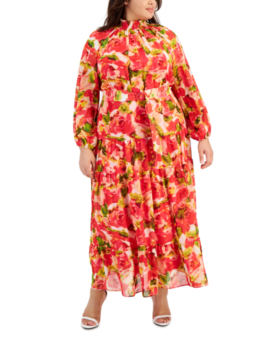 Taylor Plus Size Printed Belted Blouson-sleeve Maxi Dress In Ivory Strawberry Pink