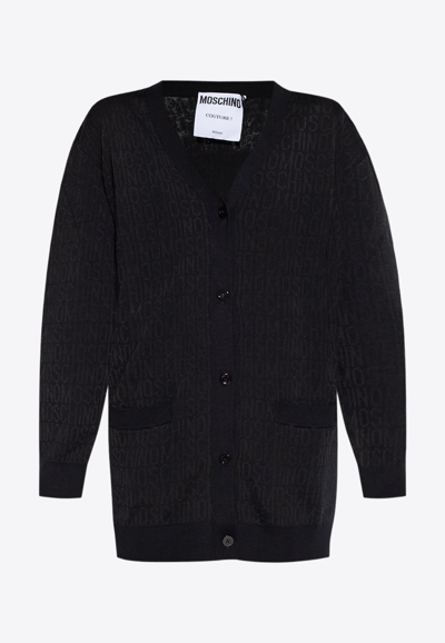 Moschino All-over Logo Knit Cardigan In Black