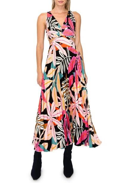 Melloday Leaf Print Pleated Cutout Maxi Dress In Black Multi