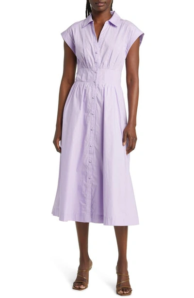 Du Paradis Short Sleeve Cotton Midi Shirtdress In Lilac