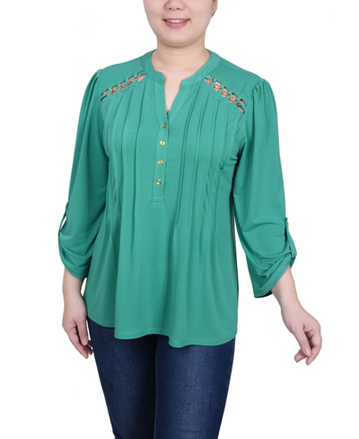 Ny Collection Women's Long Sleeve Pintuck Front Top With Chain Details In Bright Green