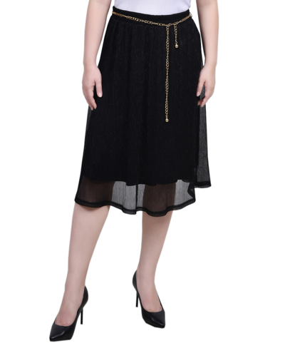 Ny Collection Petite Plisse Metallic Belt Lurex Mesh Skirt In Black