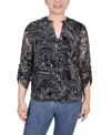 Ny Collection Petite Elbow Sleeve Y-neck Blouse In Black Palm Leaves