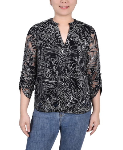 Ny Collection Women's Long Sleeve Burnout Y-neck Blouse In Gray