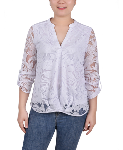 NY COLLECTION WOMEN'S LONG SLEEVE BURNOUT Y-NECK BLOUSE